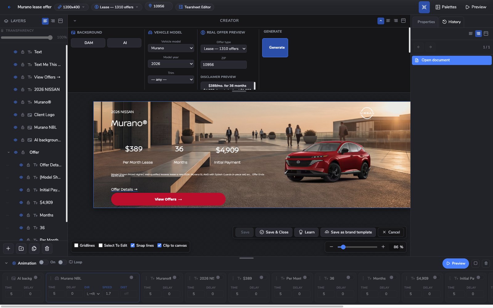 Creator editor with a wide Nissan Murano lease banner, layer list, real offer preview controls and animation timeline