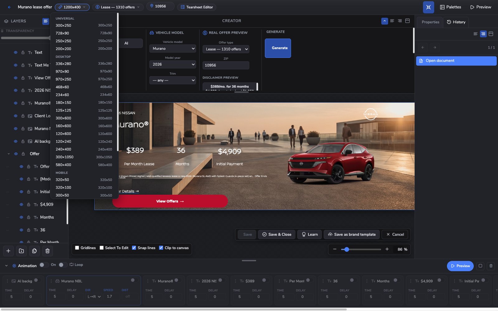 Creator size menu listing standard ad sizes grouped as universal, desktop and mobile over a Murano banner
