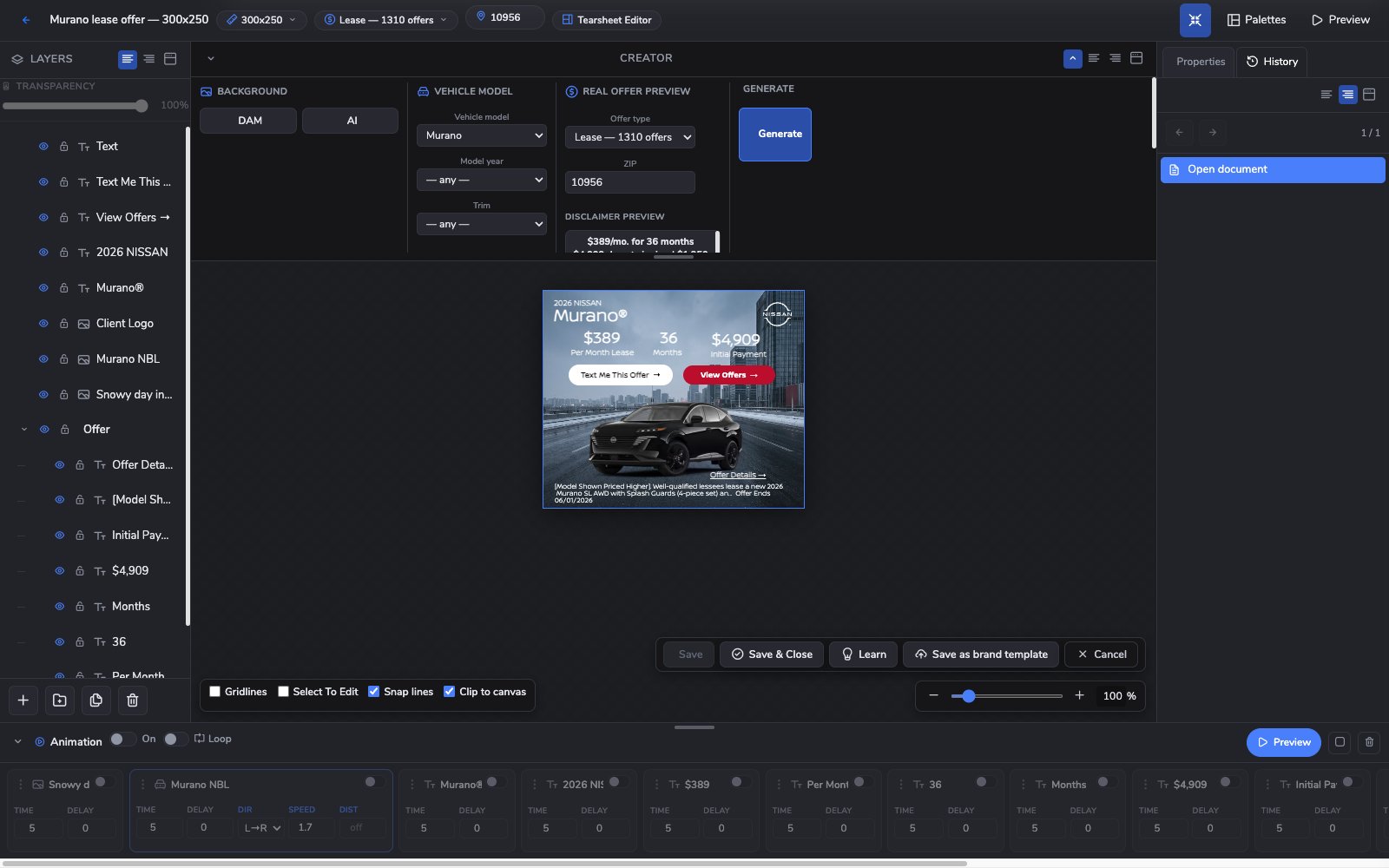 Creator editor showing a 300 by 250 Nissan Murano lease banner with a winter city background