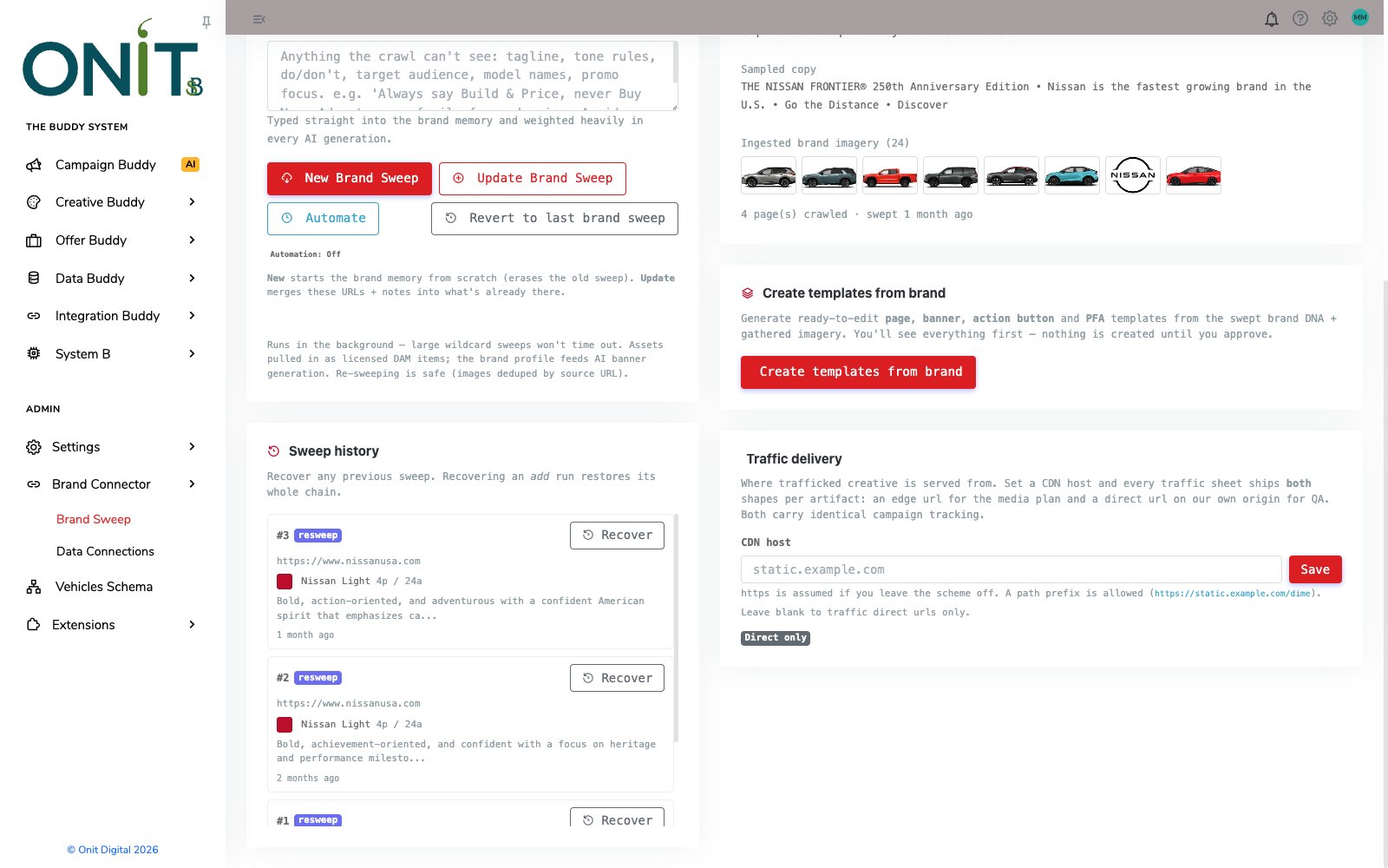 Brand Sweep history showing three previous sweeps of nissanusa.com next to the traffic delivery settings