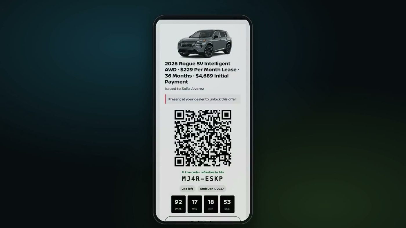 Phone showing a Rogue lease coupon with a QR code