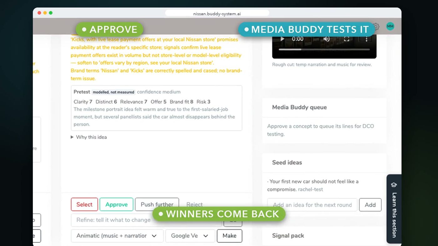 Idea Center approve controls with the Media Buddy test queue