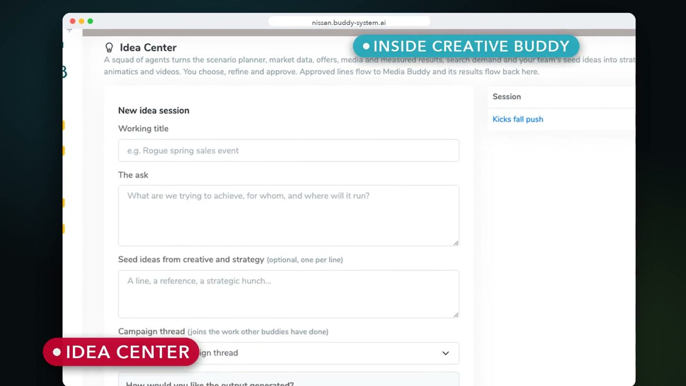 Idea Center new session form inside Creative Buddy