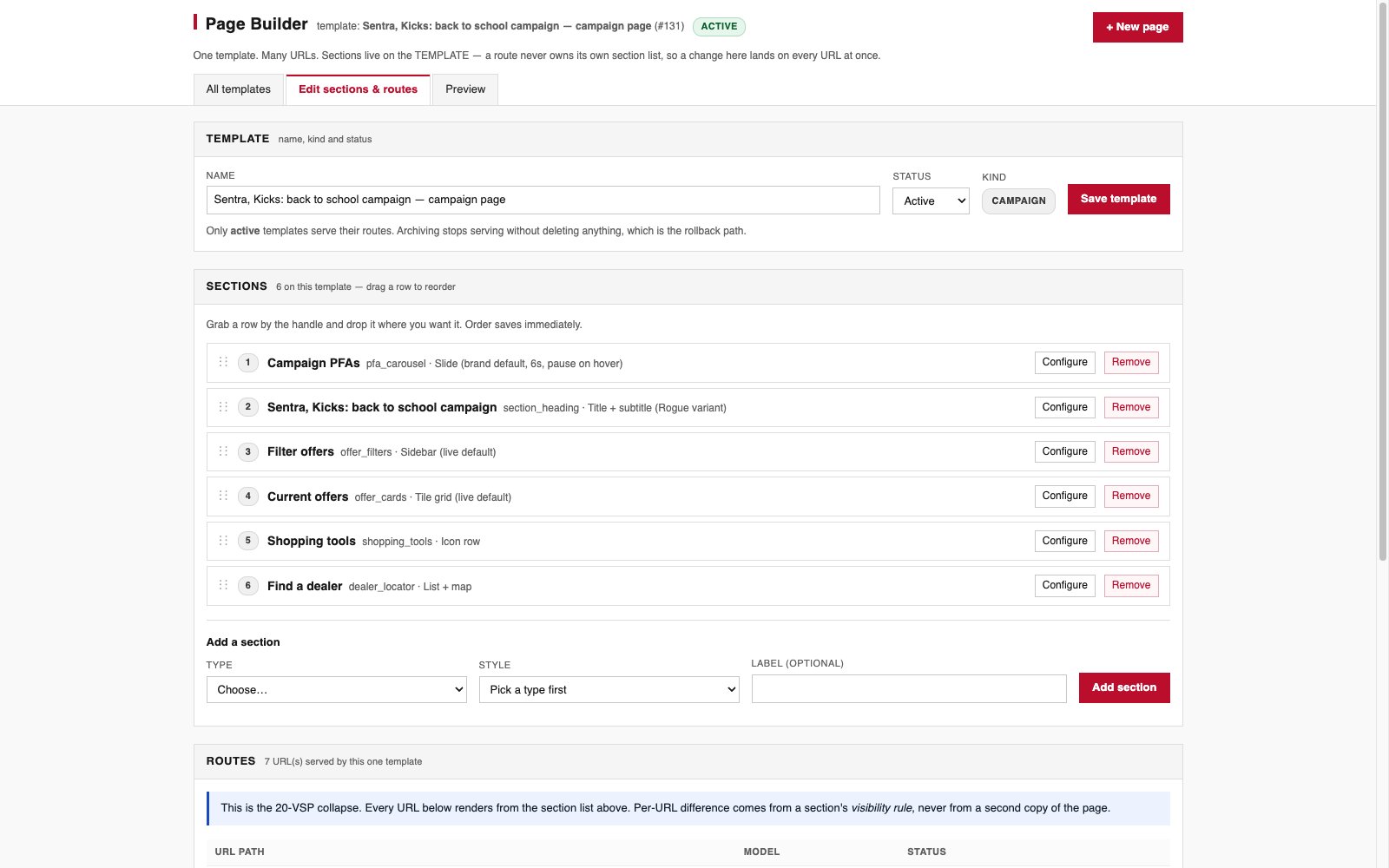 Page Builder template settings listing six sections and the routes served by the template