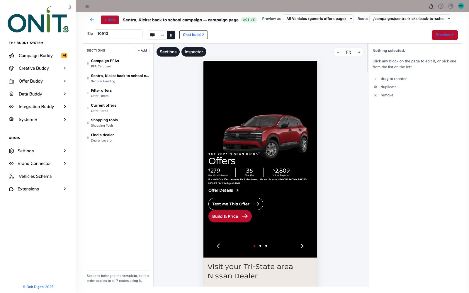 Page Builder canvas in mobile view showing a Nissan Kicks offer hero