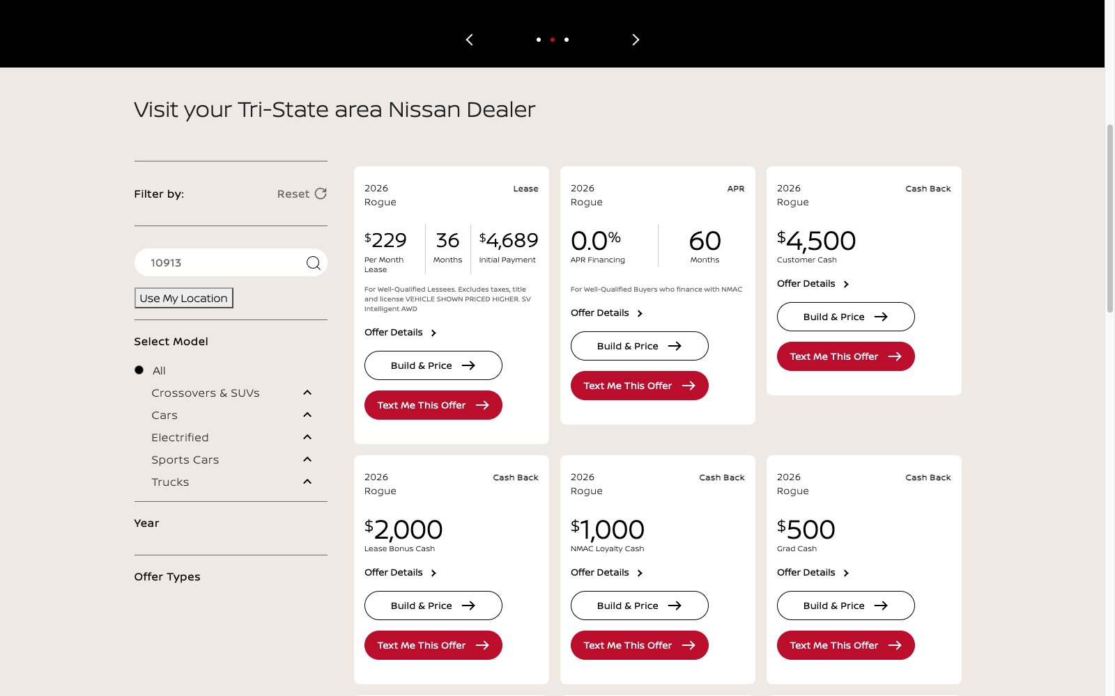 Shopper-facing offers grid with filters and Nissan Rogue lease, APR and cash back offer cards