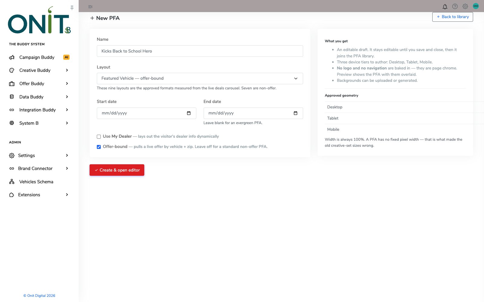 New PFA form with Featured Vehicle layout selected and the Offer-bound option checked