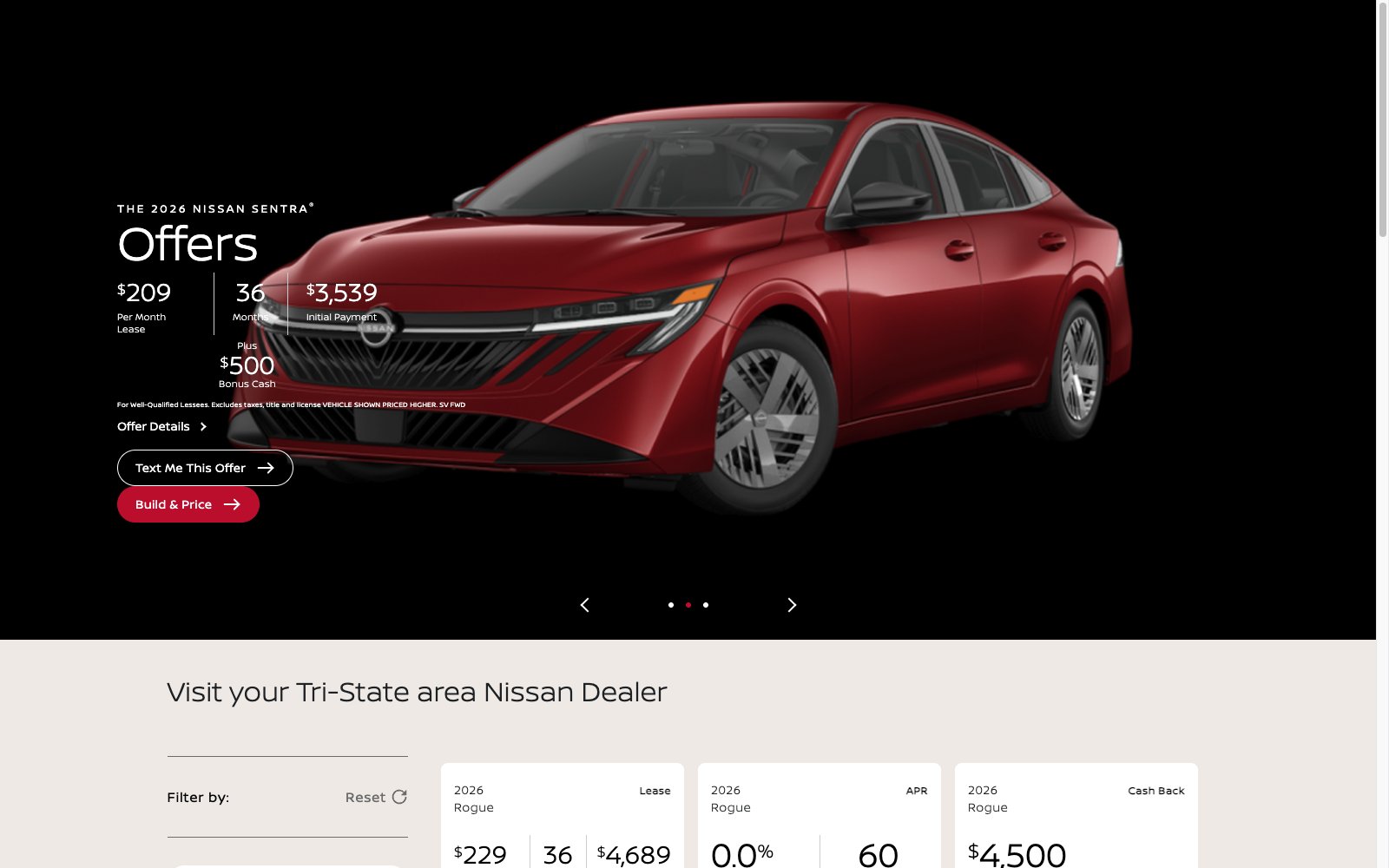 Full-width Nissan Sentra offer hero showing a monthly lease payment with Text Me This Offer and Build and Price buttons