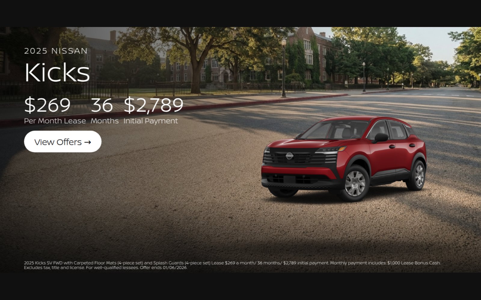 Nissan Kicks offer hero on a tree-lined campus street with lease payment, term and initial payment