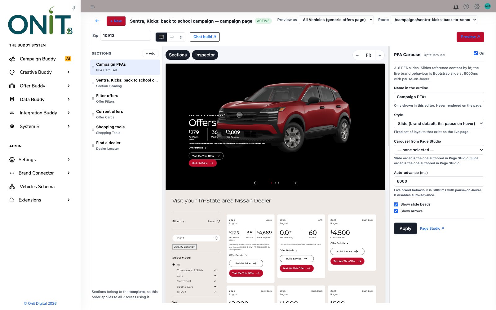 Page Builder canvas with the PFA Carousel selected and its settings panel showing slide style and auto-advance