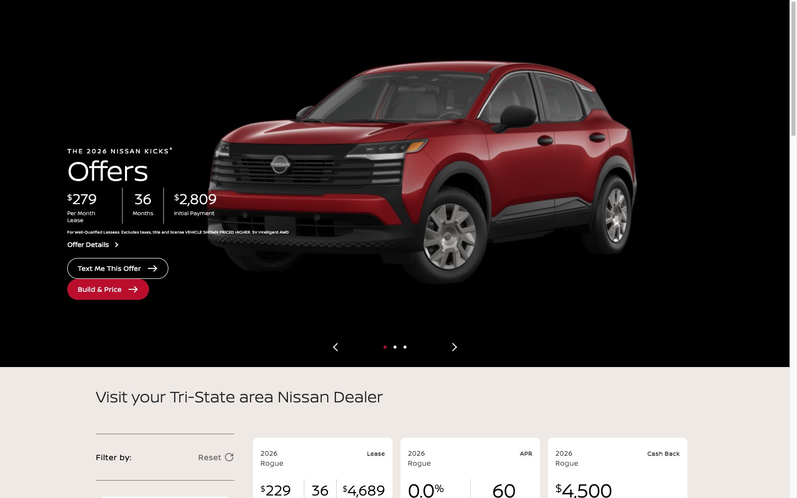 Carousel slide showing a Nissan Kicks lease offer with navigation arrows and three slide beads