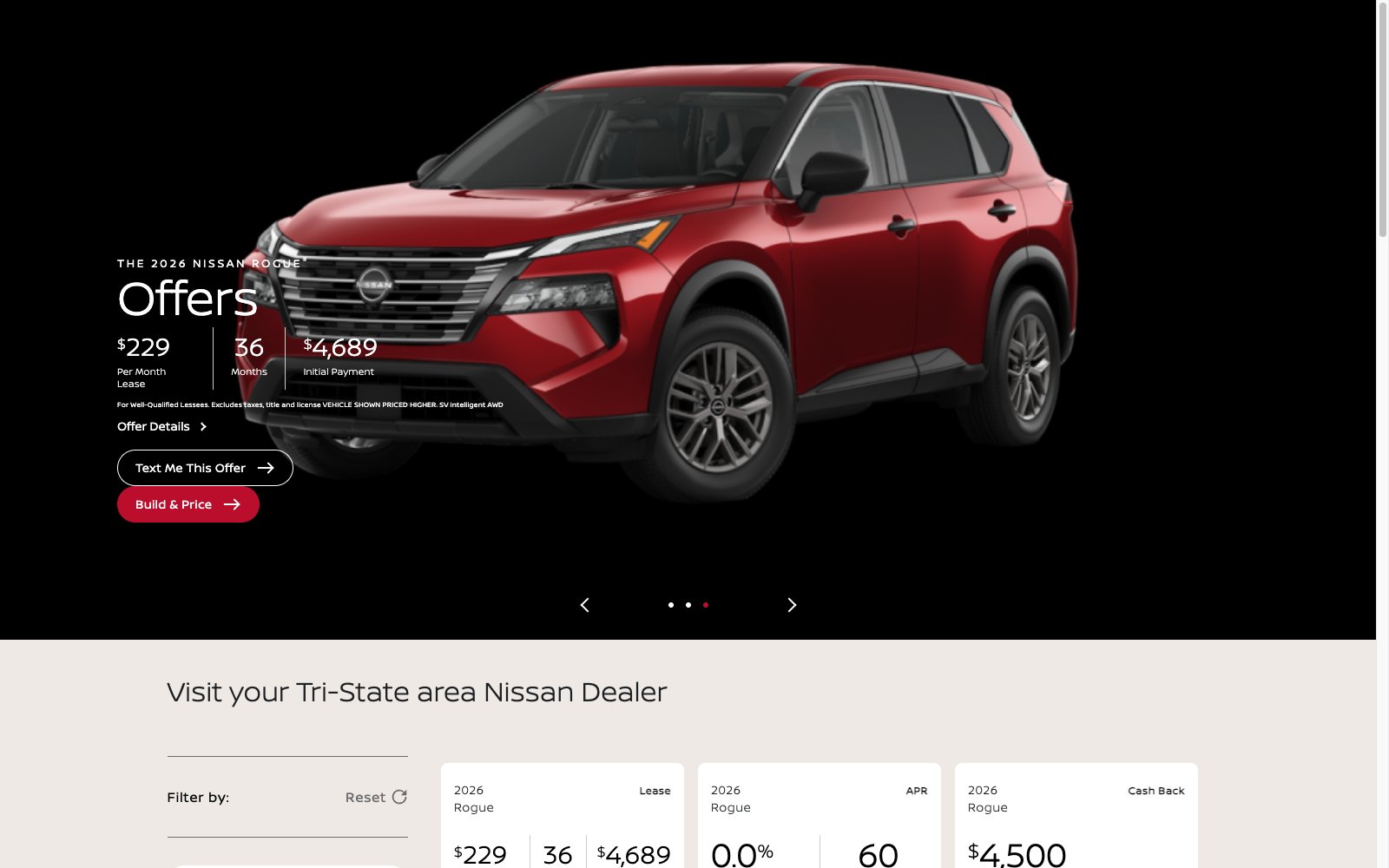 Carousel slide showing a Nissan Rogue lease offer with the third slide bead active