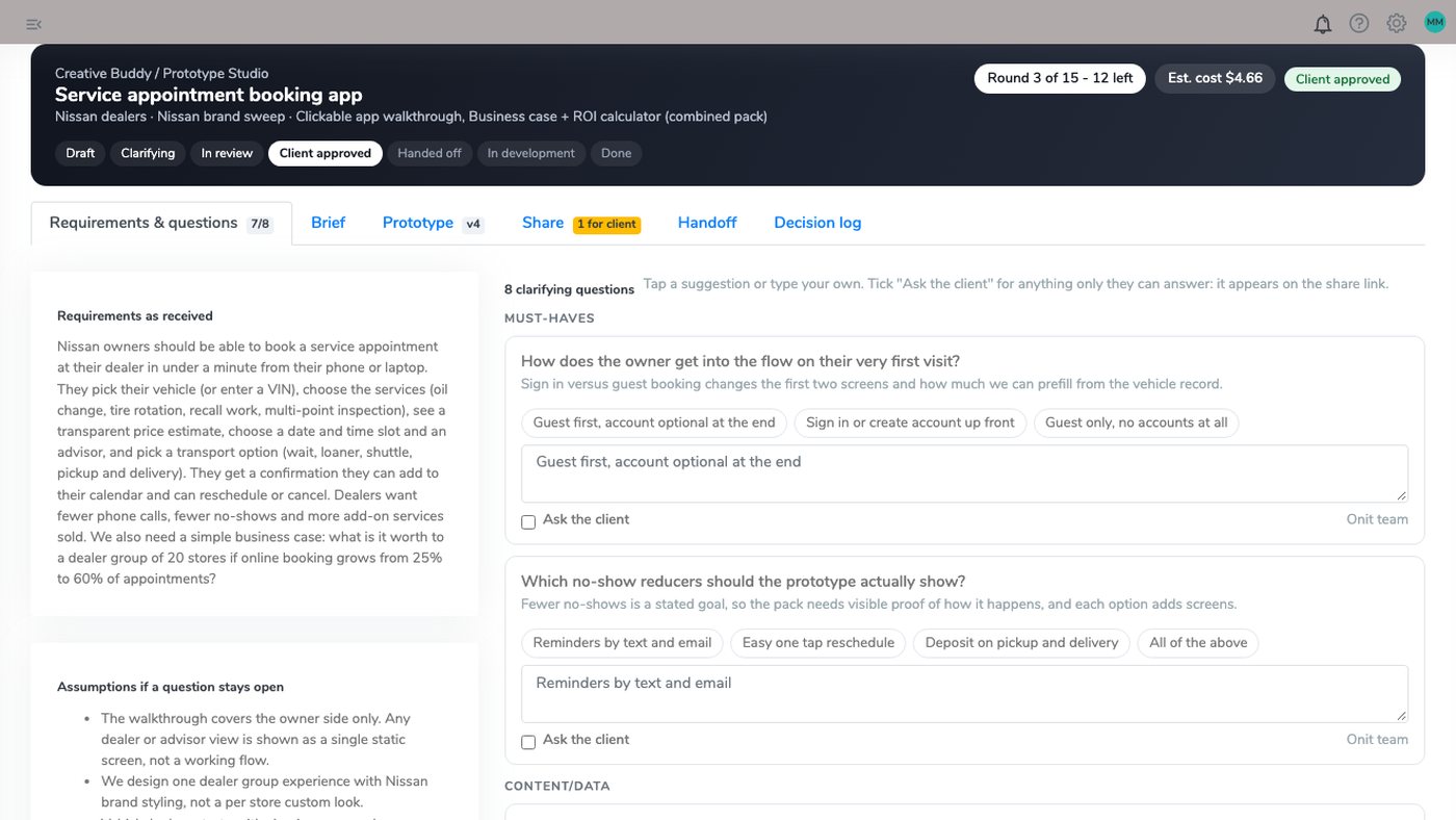 Prototype Studio clarifying questions with suggested answers and the round counter