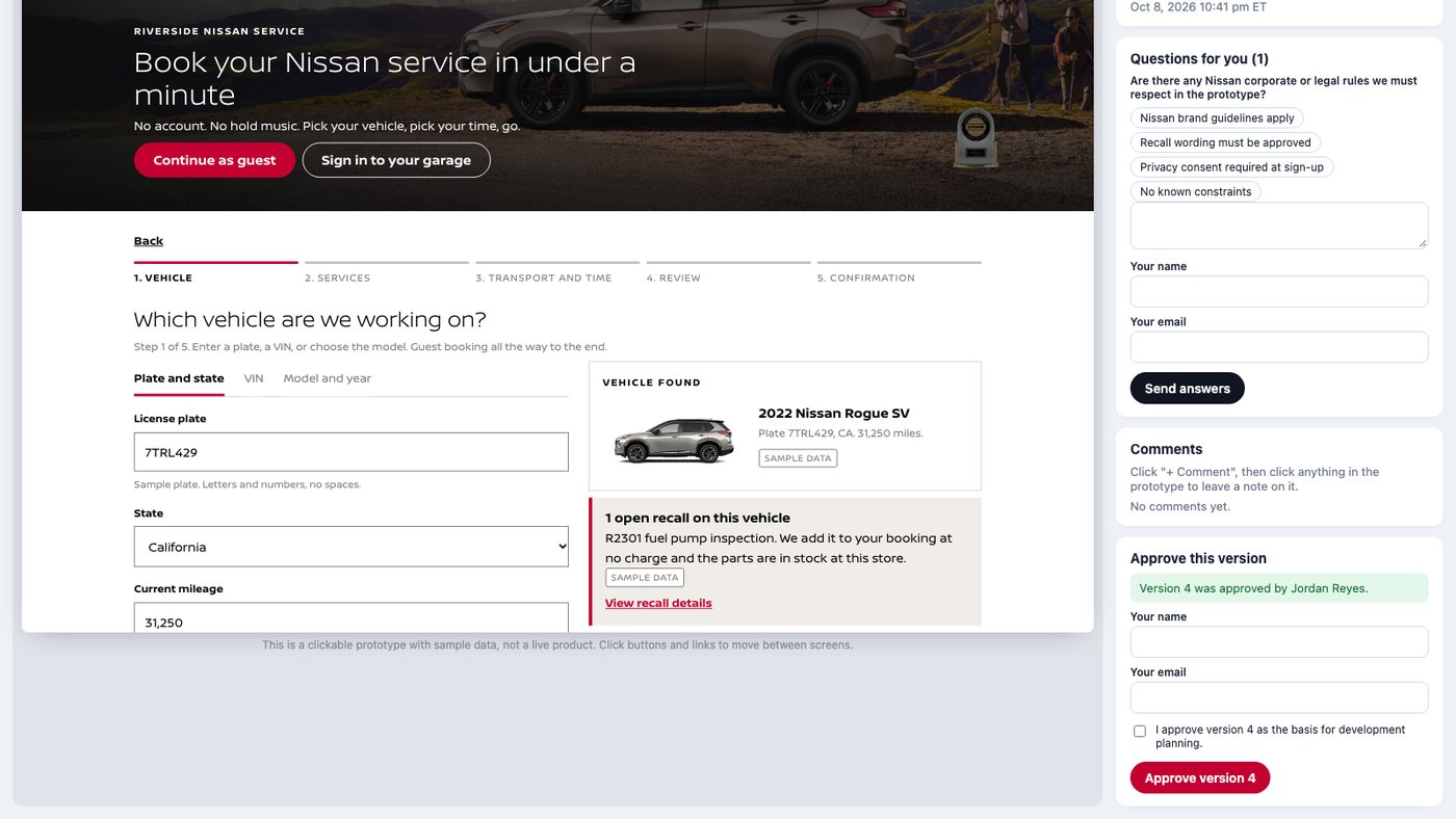Client share page with the clickable prototype and the approve this version form