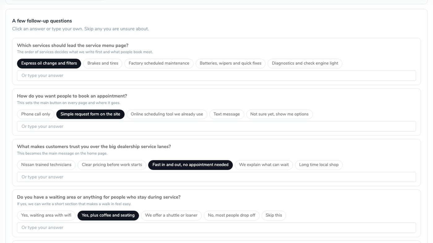 Website Builder follow-up questions with clickable answers