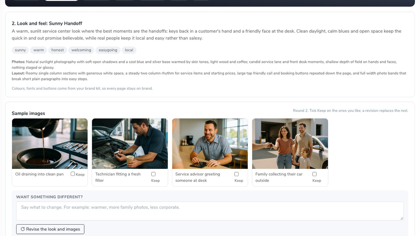 Website Builder look and feel step with four sample images and Keep boxes