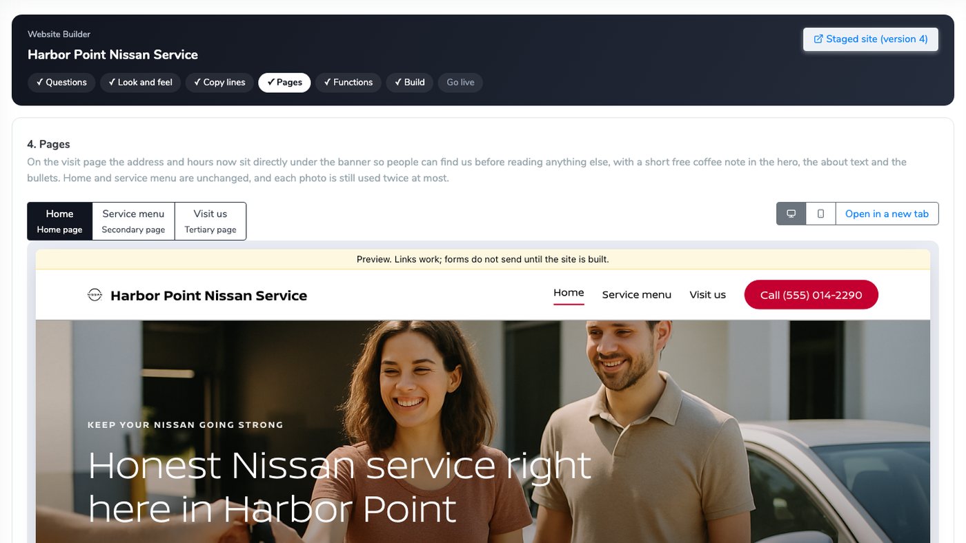 Website Builder pages step previewing the Home page