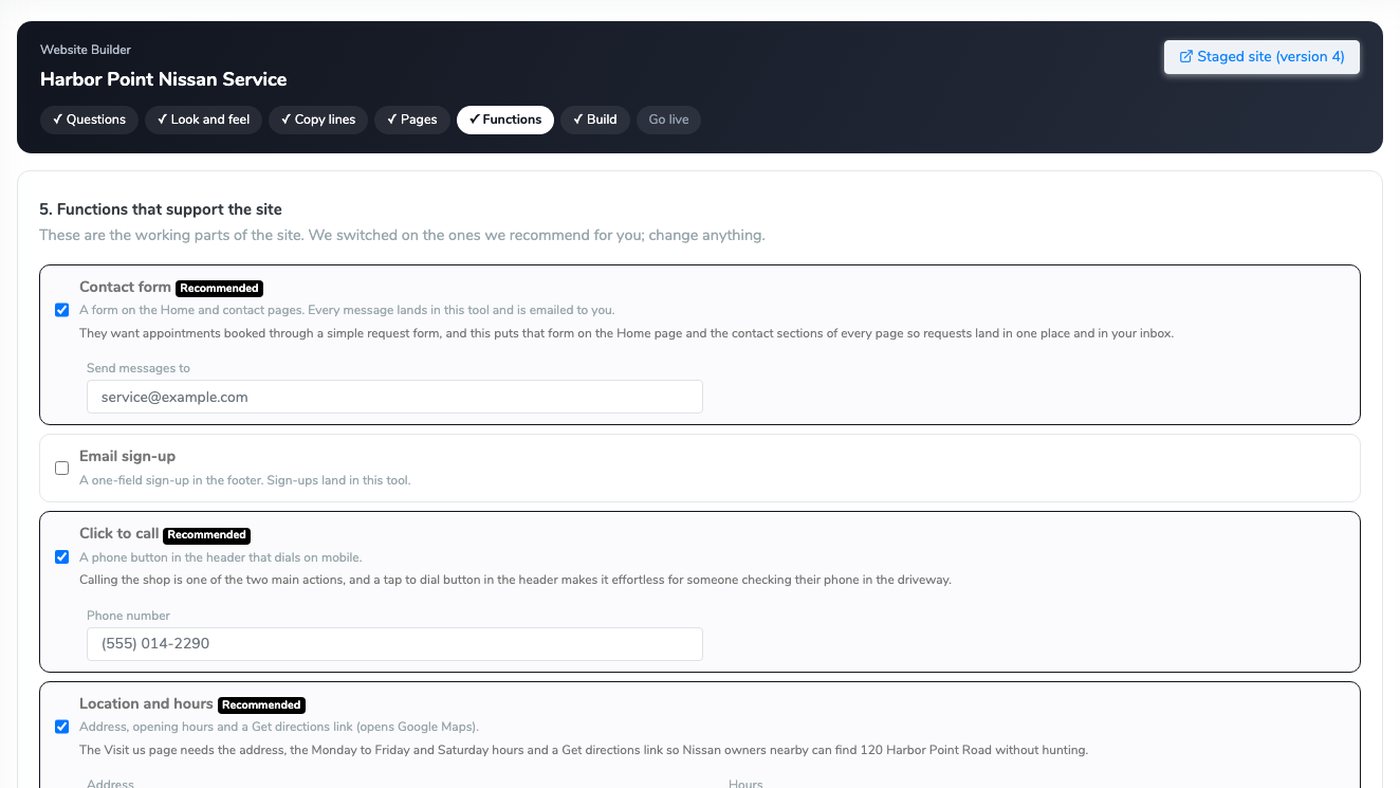 Website Builder functions step with recommended features switched on