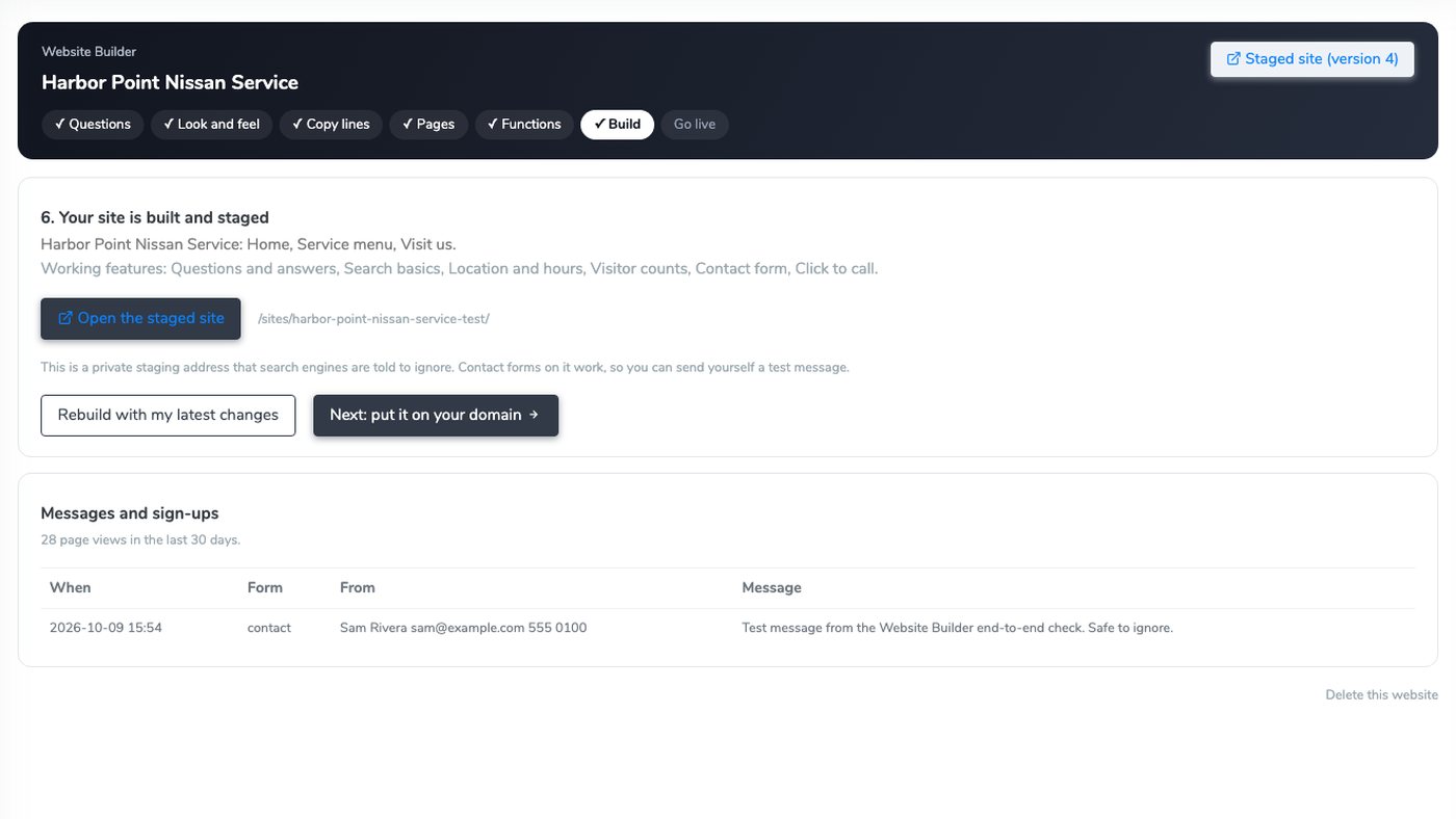 Website Builder build step with the staged site and messages
