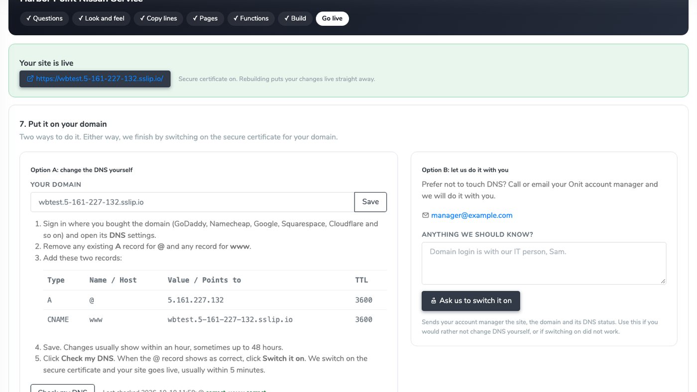 Website Builder go live step with the two DNS records